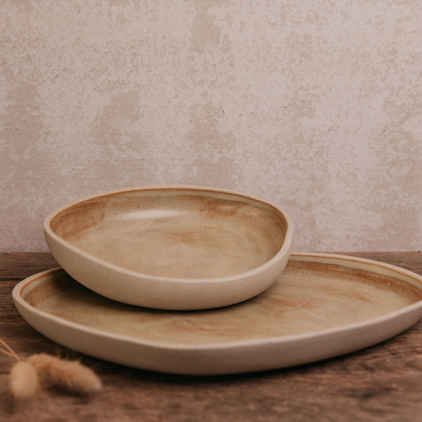 Stone Platter and Bowl Set – Rustic Ceramic Serving Duo in Sand